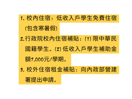 校內住宿 低收入戶學生免費住宿 包含寒暑假 行政院校內住宿補貼 1 限中華民國籍學生 2 低收入戶學生補助金額7 000元 學期 校外住宿租金補貼 向內政部營建署提出申請