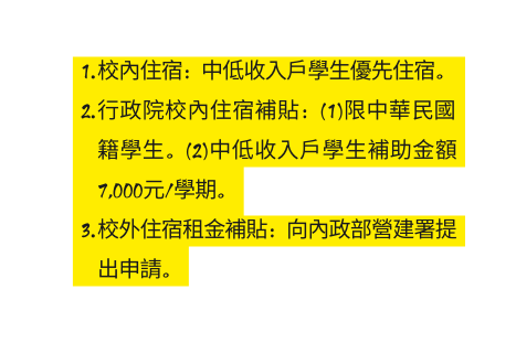 校內住宿 中低收入戶學生優先住宿 行政院校內住宿補貼 1 限中華民國籍學生 2 中低收入戶學生補助金額7 000元 學期 校外住宿租金補貼 向內政部營建署提出申請