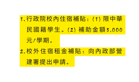 行政院校內住宿補貼 1 限中華民國籍學生 2 補助金額5 000元 學期 校外住宿租金補貼 向內政部營建署提出申請