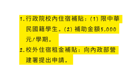 行政院校內住宿補貼 1 限中華民國籍學生 2 補助金額5 000元 學期 校外住宿租金補貼 向內政部營建署提出申請